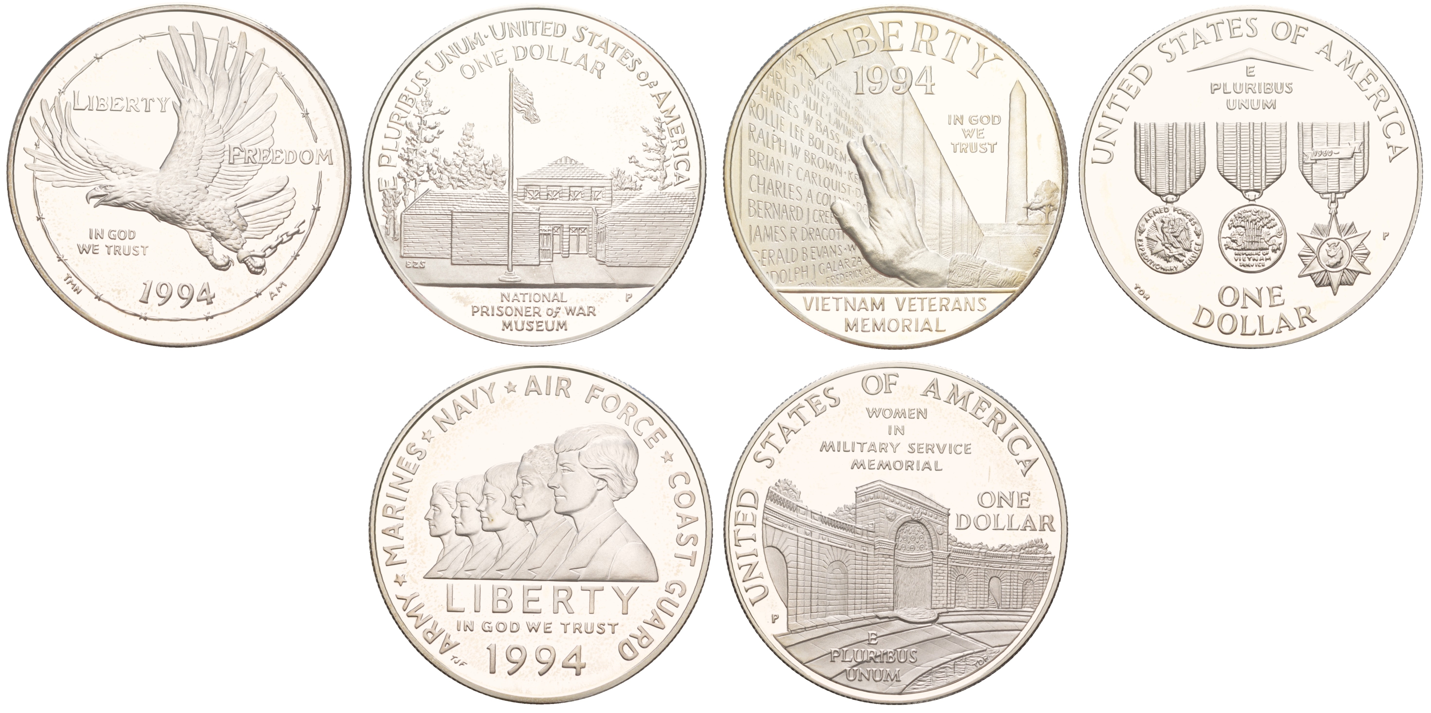 США официальный набор из 3 монет (1 доллар) 1994 Мемориал ветеранов Вьетнама, Национальный музей военнопленных и Мемориал женщинам на военной службе KM 250, 251 и 252 серебро PROOF 2-4-2-02