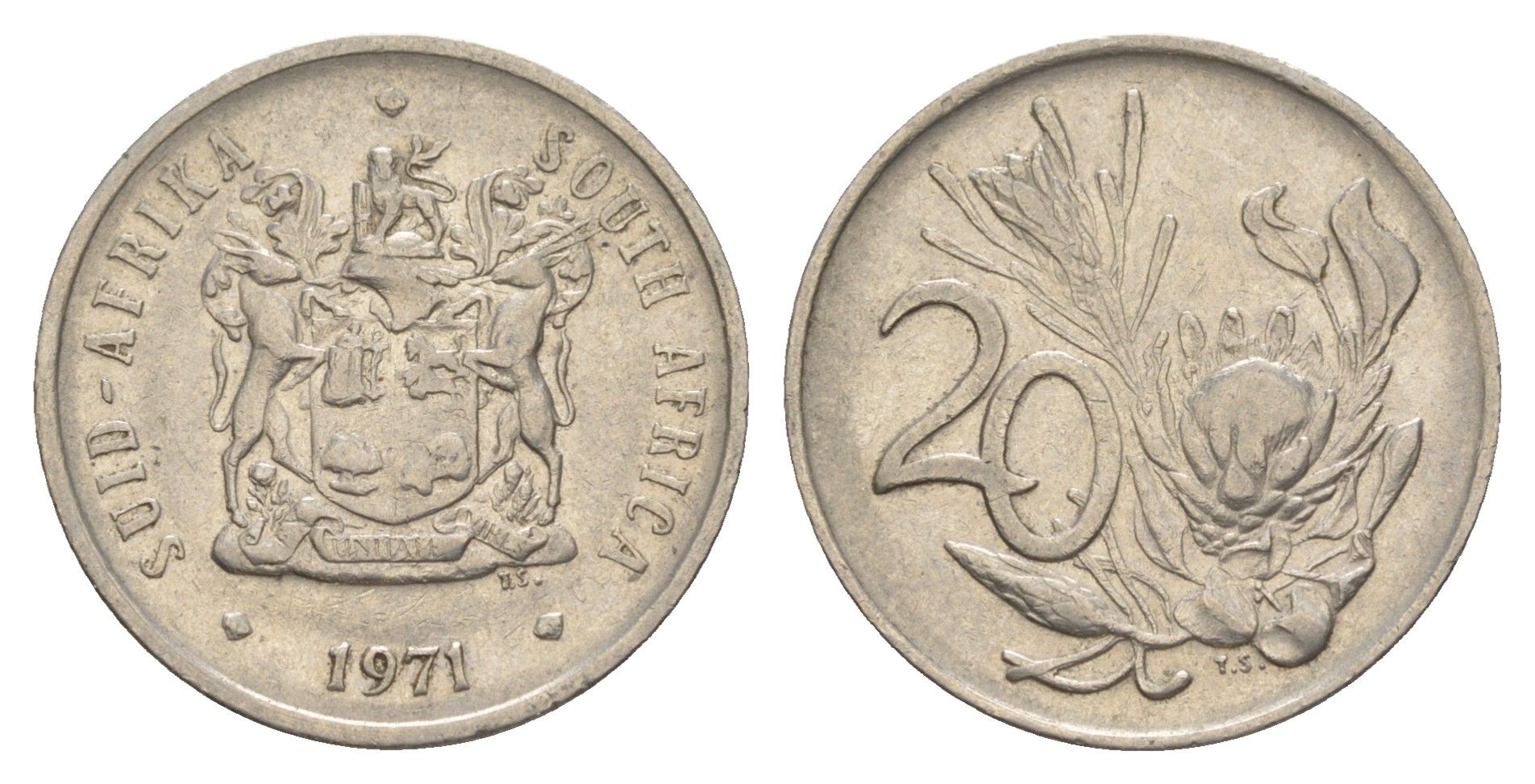 ЮАР 20 центов 1971 герб, цветок протея KM 86 никель 4603-943