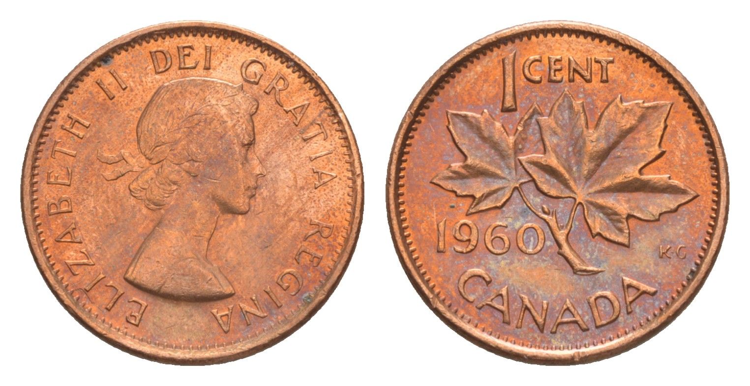 Канада 1 цент 1960 Елизавета II (1952-2022), кленовый лист KM 49 бронза 4639-316