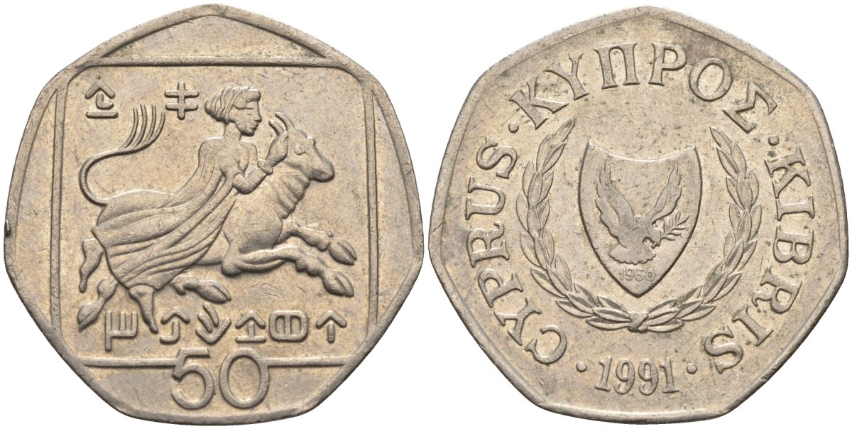 Кипр 50 центов 1991 похищение Европы KM 66 медно-никель 4141-1226