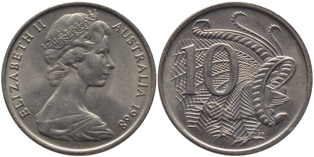 Австралия 10 центов 1968 Елизавета II (1952-), птица лирахвост KM 65 медно-никель 3334-715