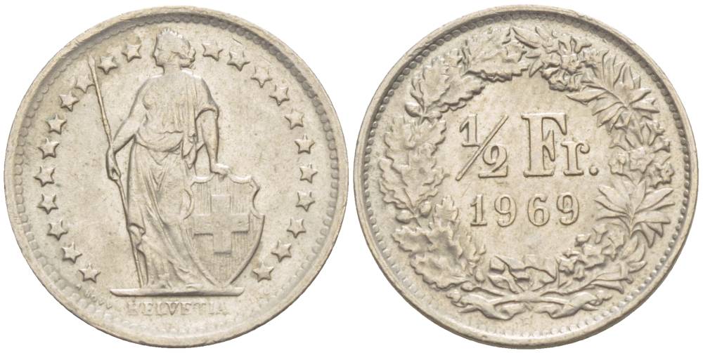Швейцария 1/2 франка 1969 В KM 23а.1 медно-никель 4532-1042
