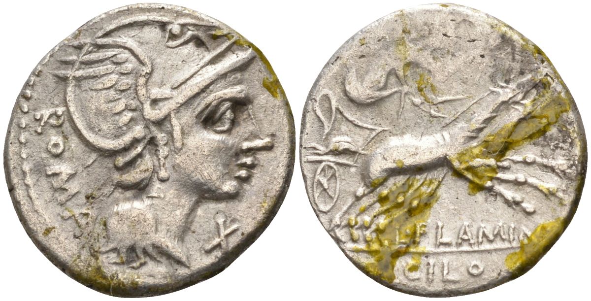 Римская Республика денарий 109 - 108 гг. до н.э. монетарий Л. Фламиний Цилон, ROMA, голова Ромы в шлеме, X (обозначение номинала) / Виктория в биге, FLAMINI CILO, Рим, 3,82 гр Cr. 302/1; Syd. 540 серебро 1073-9-34