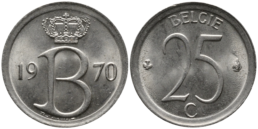 Бельгия 25 сантимов 1970 Belgie, Бодуэн I (1951-1993) KM 154.1 медно-никель 99-357