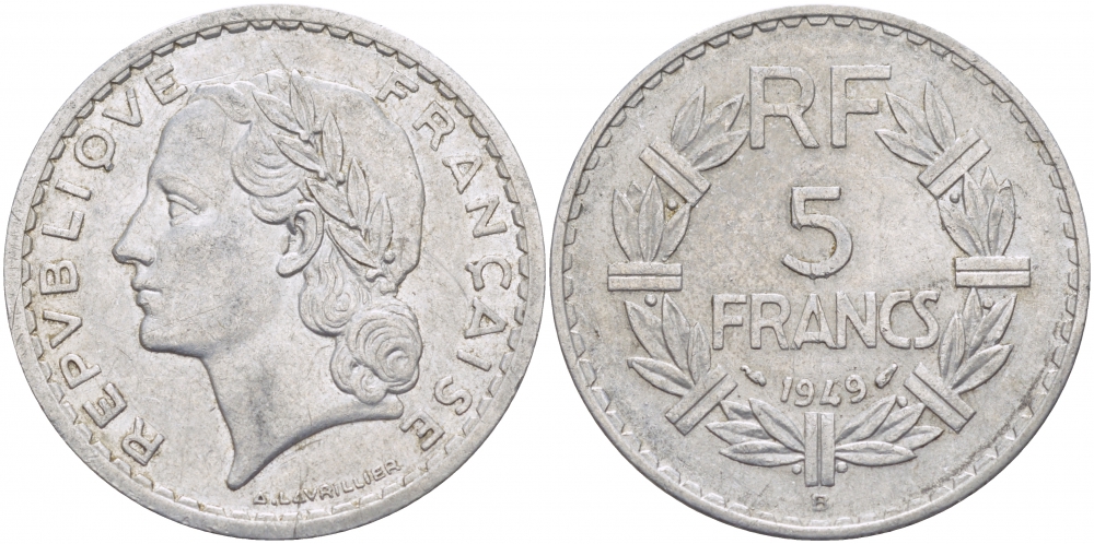 Франция 5 франков 1949 В, тип Лаврийе KM 888b.2, LE FRANC 339.19 алюминий 4403-226