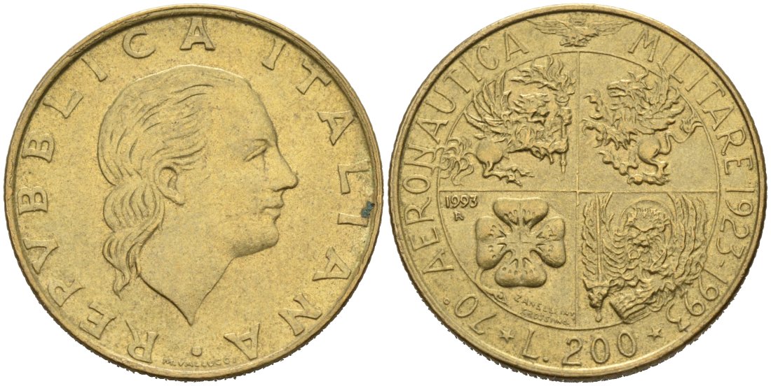 Италия 200 лир 1993 R, 70 ЛЕТ ВОЕННОЙ АВИАЦИИ KM 155 алюминиевая бронза 4573-825