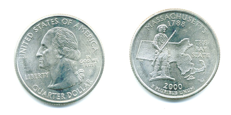 США 25 центов = квотер 2000 Р, серия штаты США, Массачусетс KM 305 медь плакированная медно-никелем 61-1144