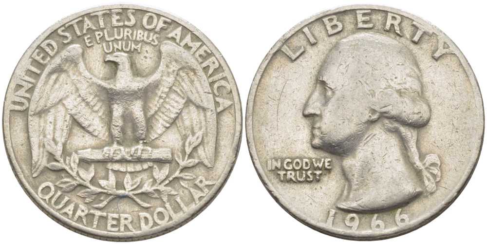США 25 центов (квотер) 1966 Вашингтон KM 164а медь плакированная медно-никелем 117-253