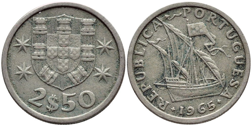 Португалия 2,5 эскудо 1965 парусник KM 590 медно-никель 4396-137