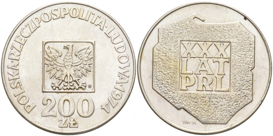 Польша 200 злотых 1974 MW, 30 лет Народной Республике KM 72, Parchimowicz 304а серебро UNC 69-1016