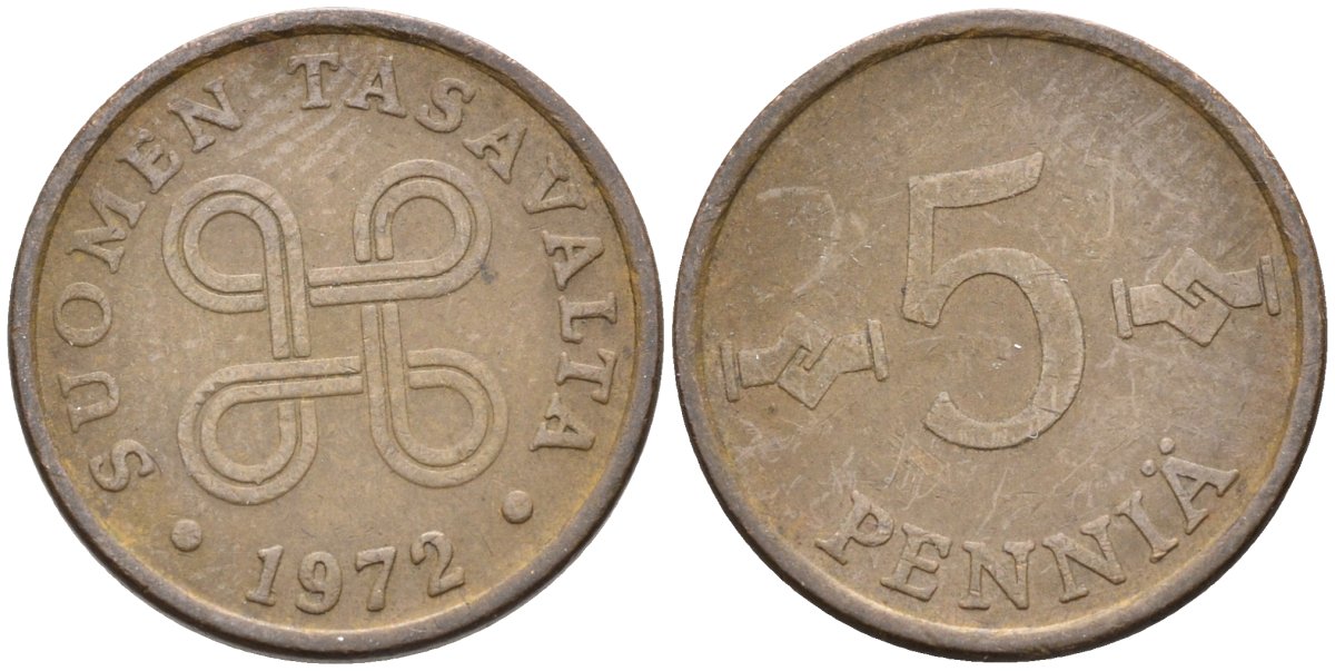 Финляндия 5 пенни 1972 KM 45 медь 4585-925