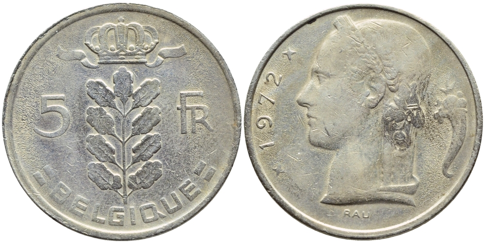 Бельгия 5 франков 1972 Belgique, Бодуэн I (1951-1993) KM 134.1 медно-никель 4110-411