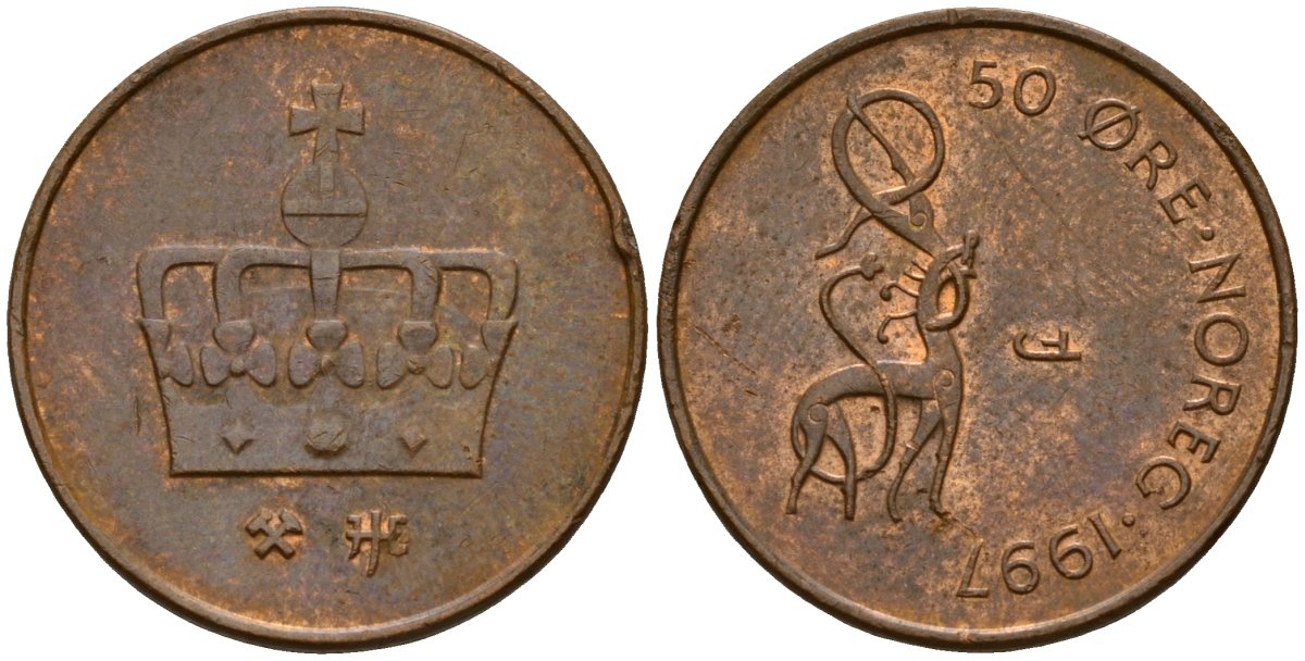 Норвегия 50 эре 1997 Харальд V (1991- ) KM 460 бронза 4154-823