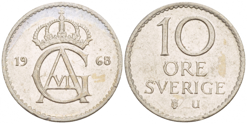 Швеция 10 эре 1968 U Густав VI Адольф (1950-1973) KM 835 медно-никель 4547-1059