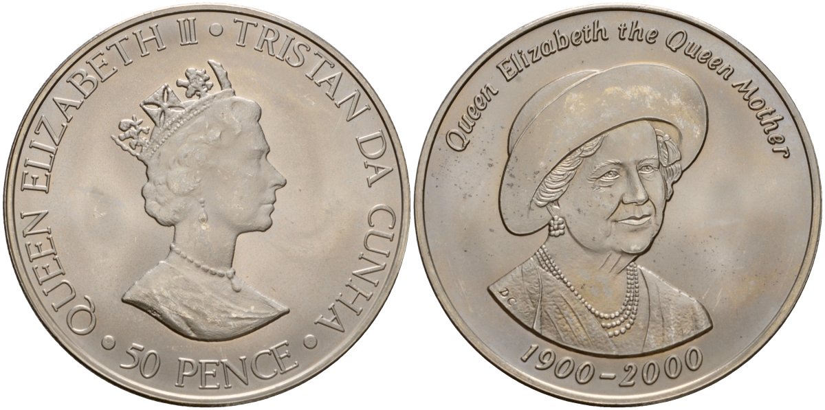 Тристан-да-Кунья 50 пенсов 2000 100 лет со дня рождения Королевы Матери KM 10 медно-никель UNC 4125-713