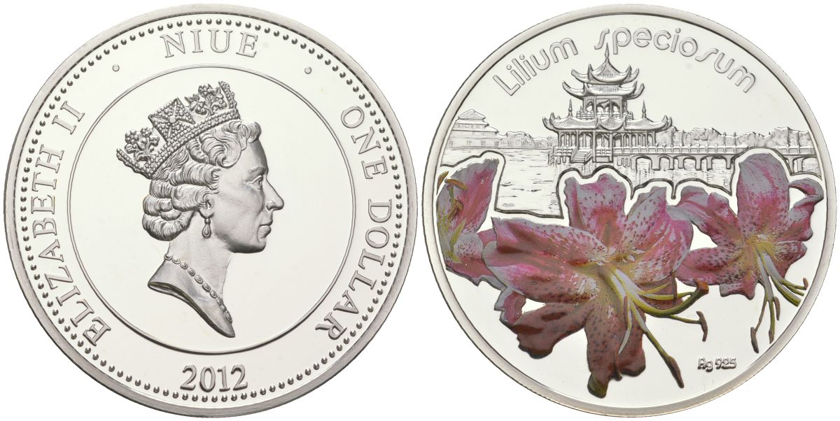 Ниуэ 1 доллар 2012 серия цветы, лилия благовидная (Lilies Specious), цветная эмаль KM NEW серебро PROOF 1080-3-54