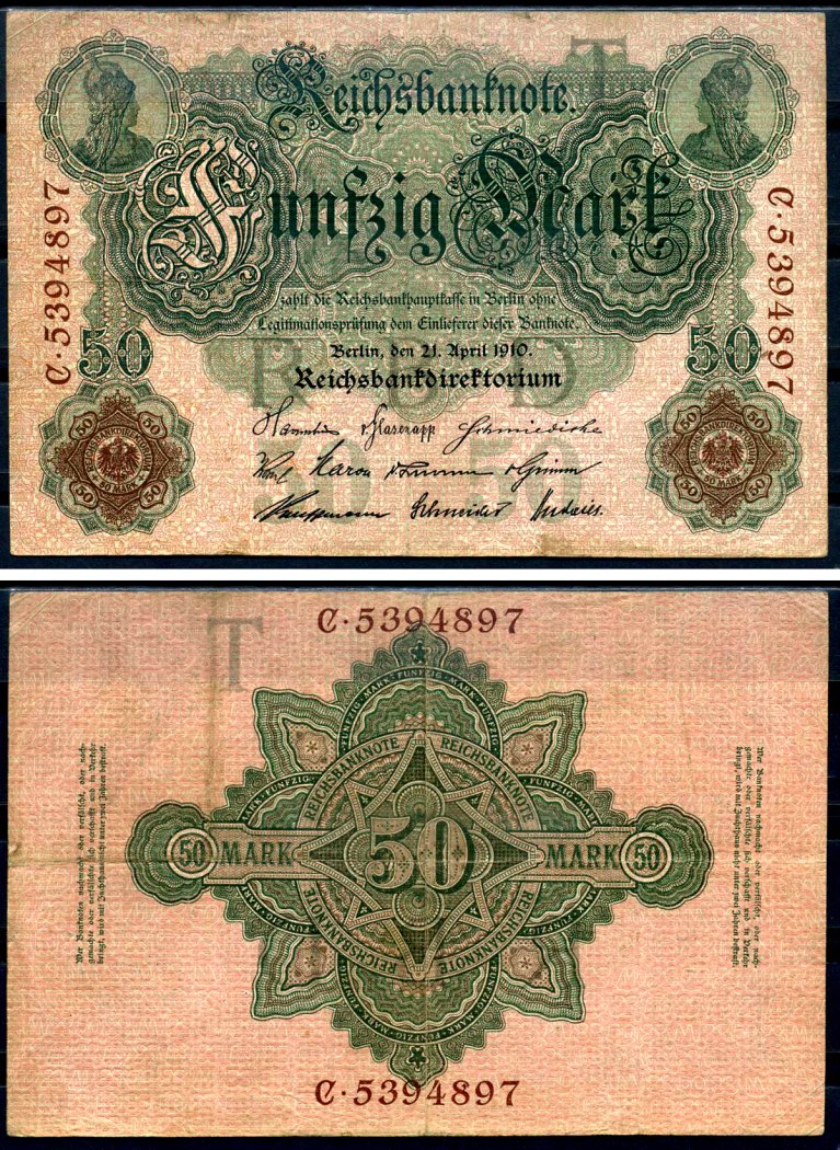 Германия 50 марок 1910 Pick 41 бумага 7191-46-2-2