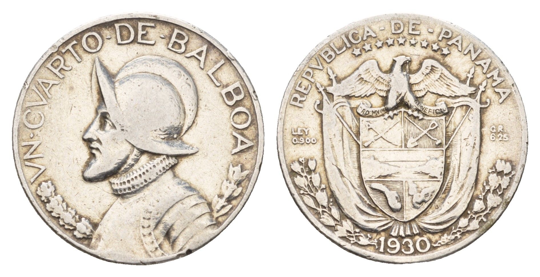 Панама 1/4 бальбоа 1930 Васко Нуньес де Бальбоа KM 11.1 серебро 51-1116