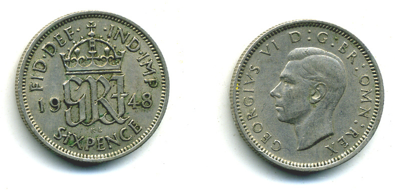 Великобритания 6 пенсов 1948 Георг VI (1936-1952) KM 862, Spink 4105 медно-никель 4383-417