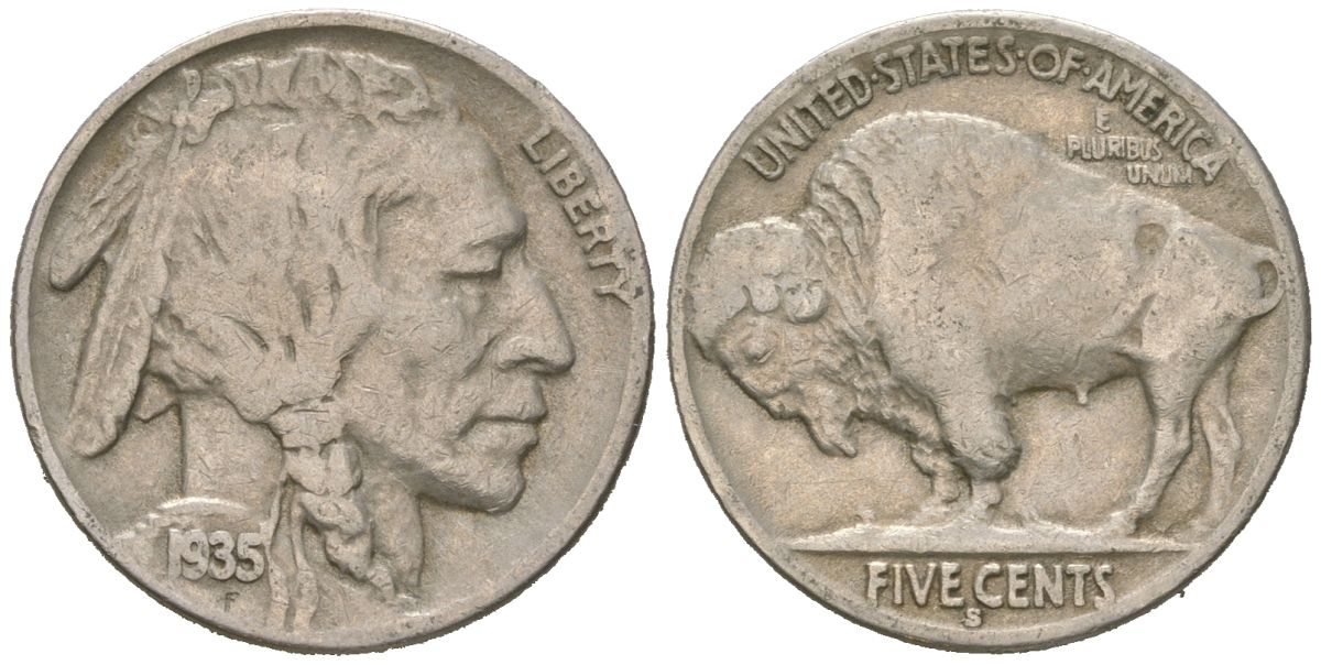 США 5 центов 1935 S, индеец, бизон KM 134 медно-никель 4614-1224