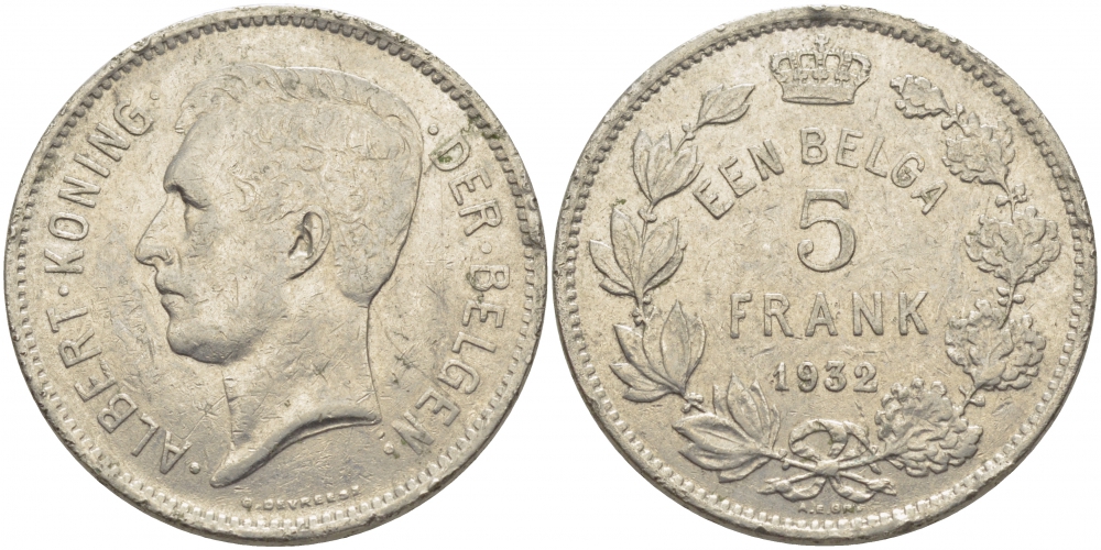 БЕЛЬГИЯ 5 ФРАНКОВ 1932 BELGEN KM 98 никель 114-832