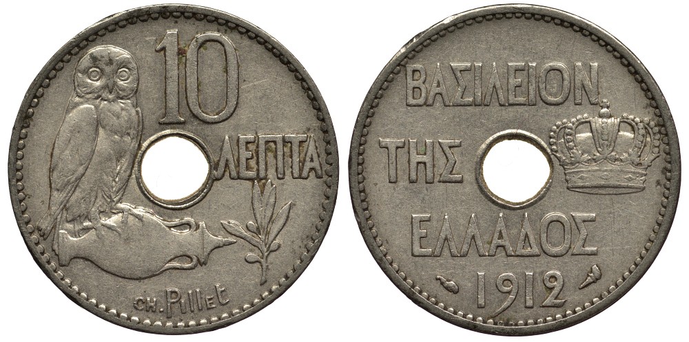 ГРЕЦИЯ 10 ЛЕПТА 1912 КОРОЛЬ ГЕОРГ I (1863-1913), СОВА KM 62 никель 4538-1016