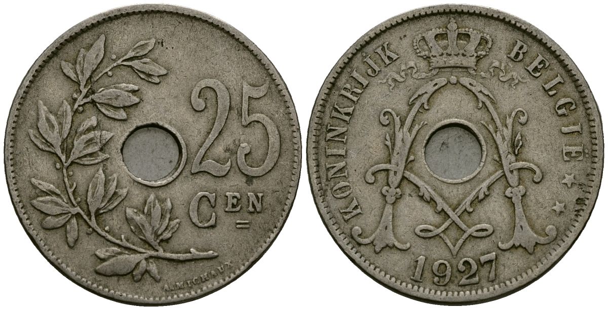 Бельгия 25 сантимов 1927 Belgie KM 69 медно-никель 4131-116