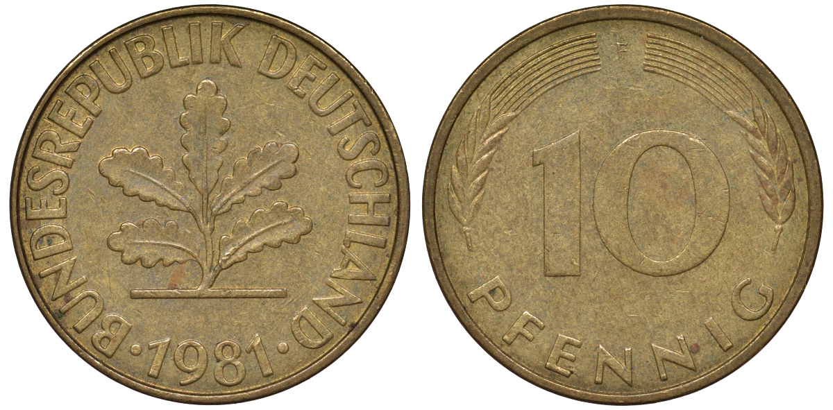 ФРГ 10 пфеннигов 1981 F KM 108, J. 383 сталь плакированная латунью 62-1037
