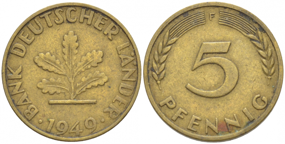 ФРГ 5 ПФЕННИГОВ 1949 F KM 102, J. 377 сталь плакированная латунью 4532-612