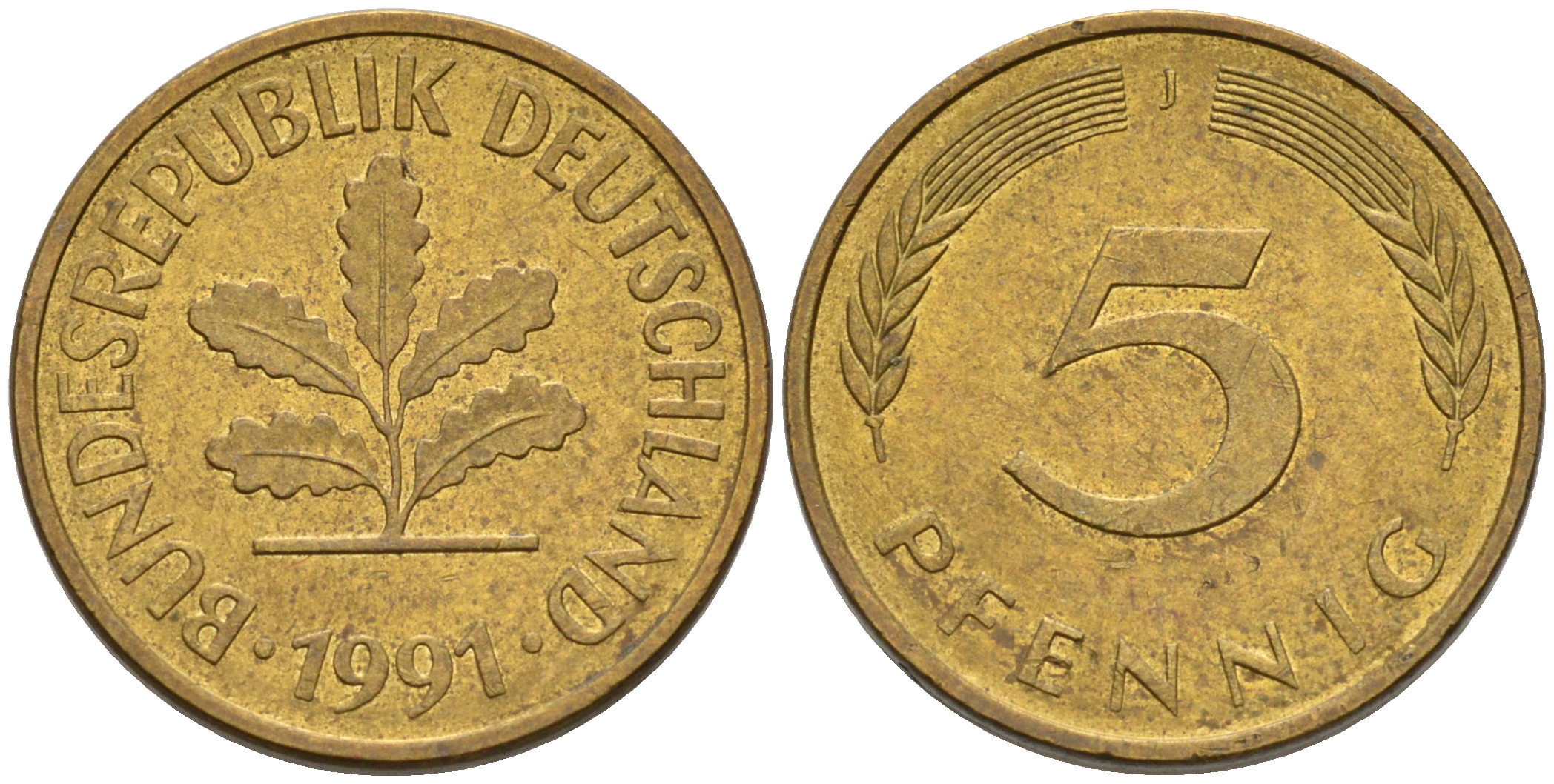 ФРГ 5 ПФЕННИГОВ 1991 J KM 107, J. 382 сталь плакированная латунью 75-521