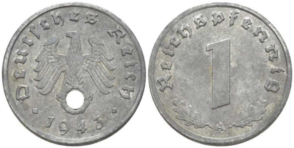 ГЕРМАНИЯ 1 РЕЙХСПФЕННИГ 1943 A KM 97, J. 369 цинк 206-1148