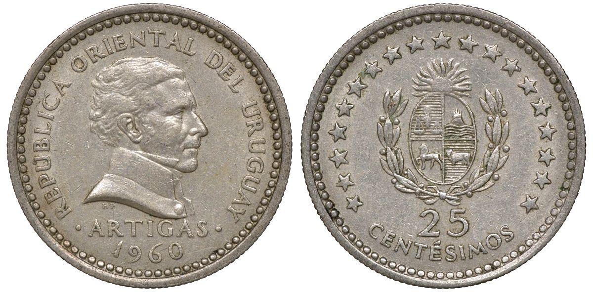 Уругвай 25 сентесимо 1960 KM 40 медно-никель 4169-856