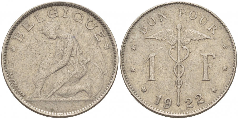 Бельгия 1 франк 1922 Belgique, Альберт I (1910-1934) KM 89 никель 261-957