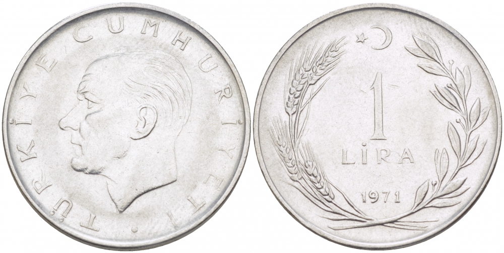 Турция 1 лира 1971 Мустафа Кемаль Ататюрк KM 889а.2 нержавеющая сталь 212-1233