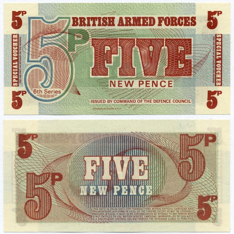 АНГЛИЯ 5 ПЕНСОВ 1972 ДЛЯ ВООРУЖЕННЫХ СИЛ, ШЕСТАЯ СЕРИЯ Pick M44 бумага UNC (ПРЕСС) 7486-30-1-2