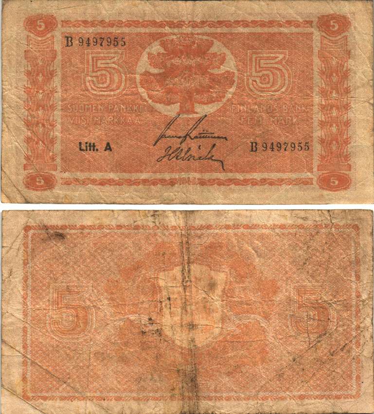 ФИНЛЯНДИЯ 5 МАРОК 1945 (1946) БУКВА А Pick 76а бумага 6283-36-4-2