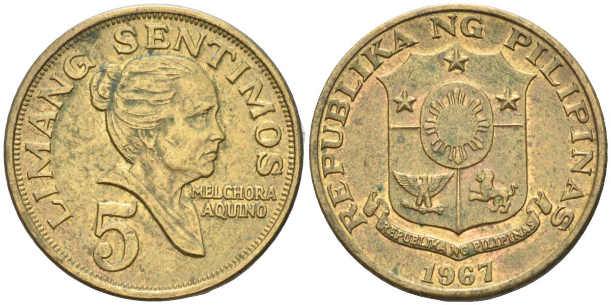 Филиппины 5 сентимо 1967 Мельхора Акино де Рамос KM 197 латунь 4588-827
