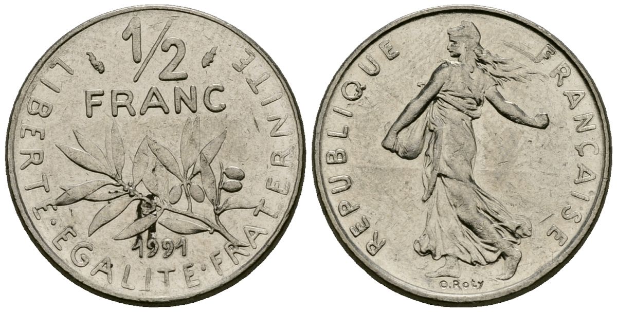 Франция 1/2 франка 1991 сеятель KM 931 никель 4135-737