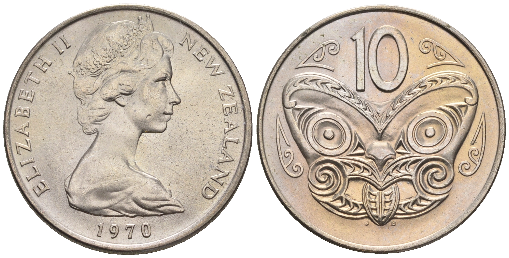 Новая Зеландия 10 центов 1970 Елизавета II (1952-2022), маска маори KM 41.1 медно-никель  UNC  4182-753