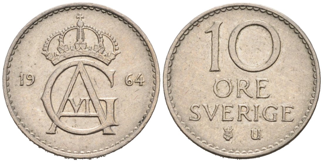 Швеция 10 эре 1964 Густав VI Адольф (1950-1973) KM 835 медно-никель 4564-245