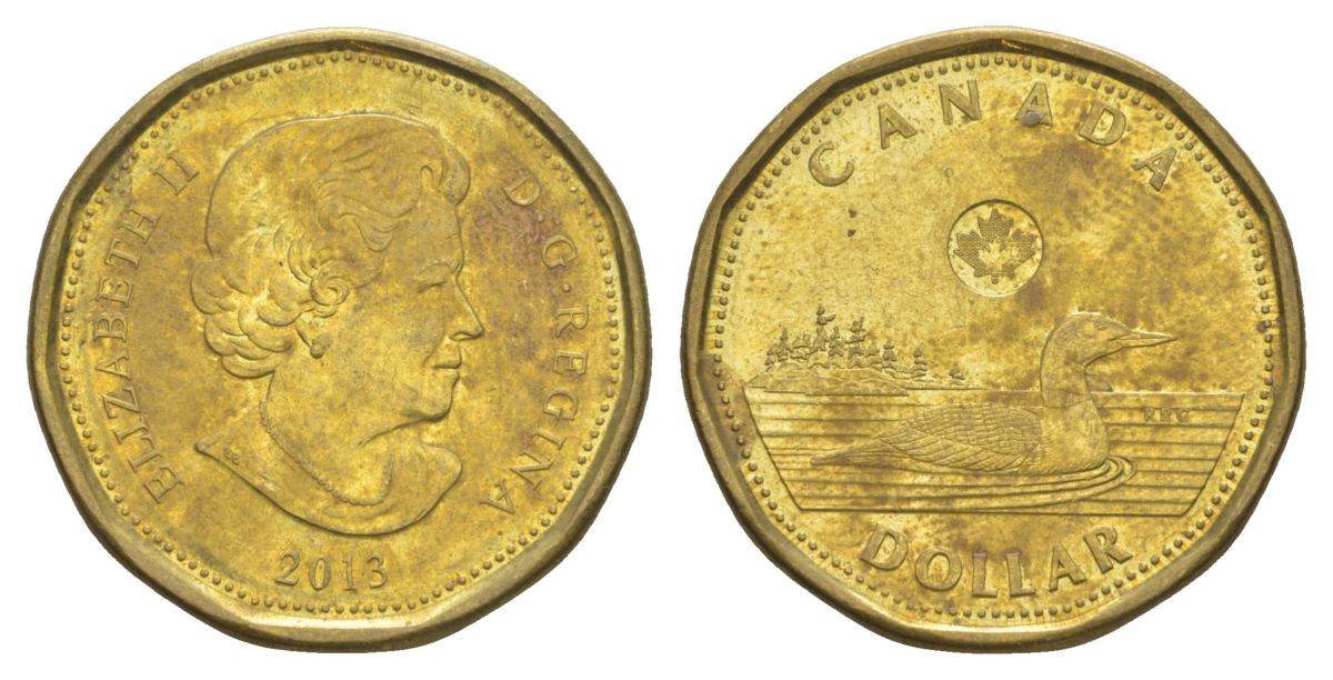 Канада 1 доллар 2013 Елизавета II (1952-2022), утка KM 1255 никель плакированный позолоченной бронзой 4631-826