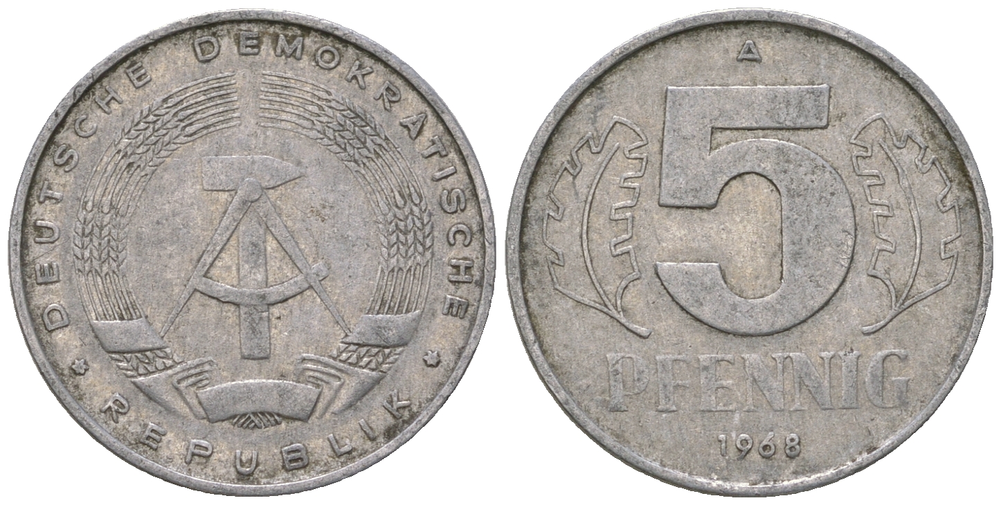 ГДР 5 пфеннигов 1968 А KM 9.1 алюминий 4625-136