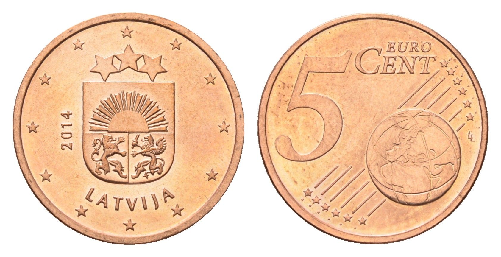 Латвия 5 евроцентов 2014 KM 152 сталь плакированная медью UNC 4694-1028