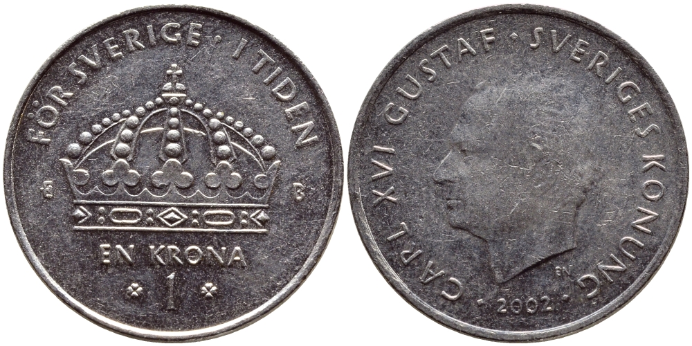 Швеция 1 крона 2002 Карл XVI Густав (1973- ) KM 894 медно-никель 4364-1152