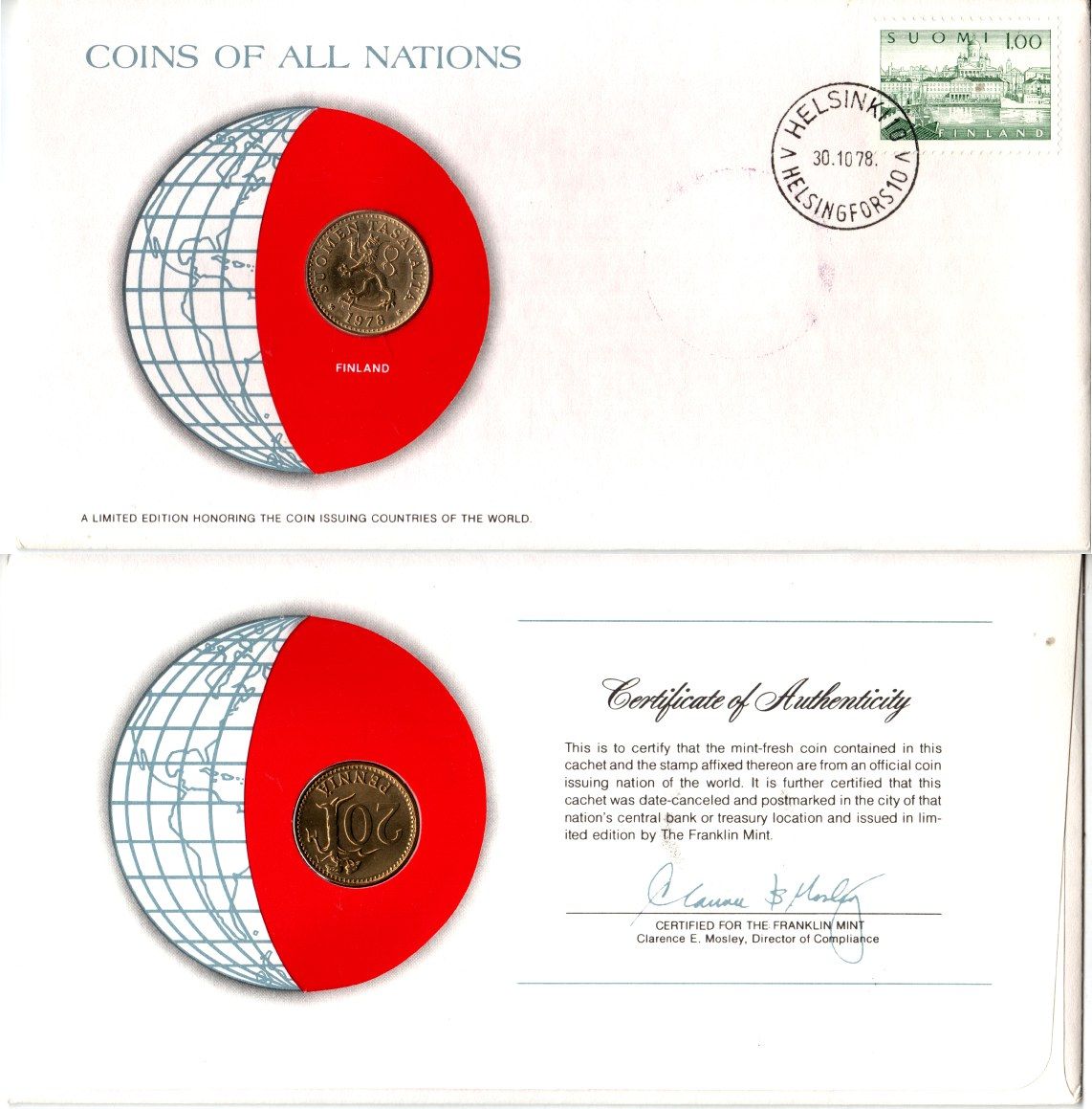 Финляндия 20 пенни 1978 конверт с маркой первого дня гашения, Coins of Nations KM 47 алюминиевая бронза UNC 9-1-01-75