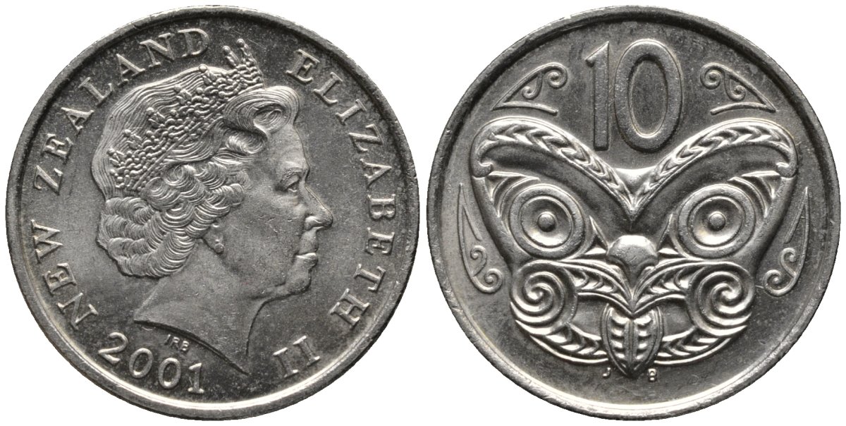 Новая Зеландия 10 центов 2001 Елизавета II (1952-2022), маска маори KM 117 медно-никель 4579-957