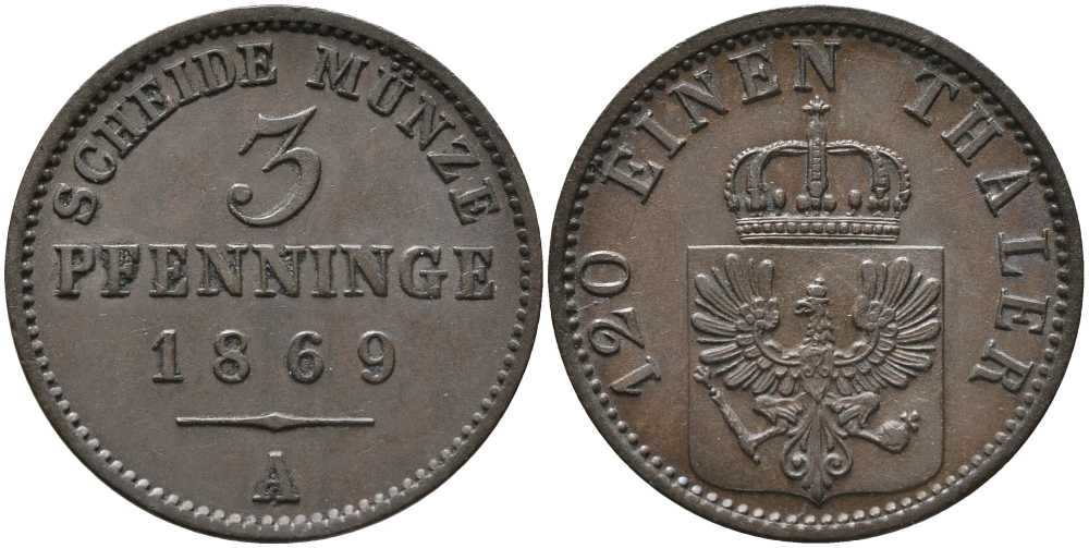 ПРУССИЯ 3 ПФЕННИГА 1869 А, ВИЛЬГЕЛЬМ I (1861-1888) KM 482 медь 4448-1123