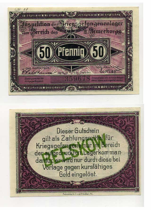 Германия 50 пфеннигов 1917 1917 инспекция лагерей военнопленных в Бескове, III-ий Армейский корпус C-2709 бумага UNC (пресс) 000-00-00
