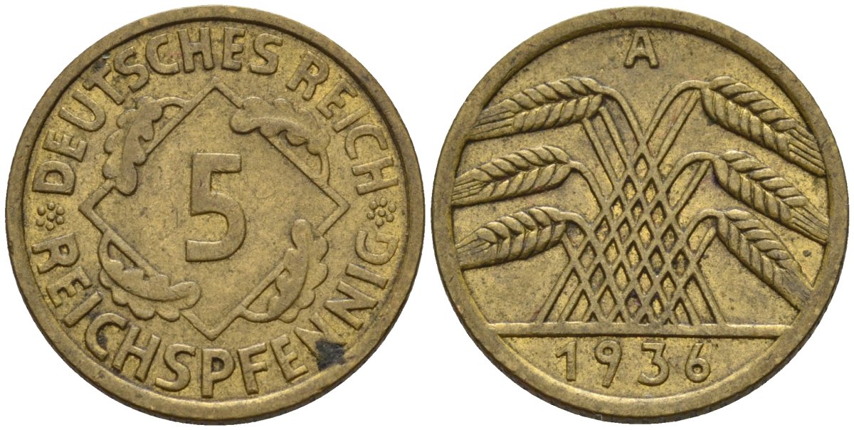 Германия 5 рейхспфеннигов 1936 A KM 39, J. 316 алюминиевая бронза 4151-733