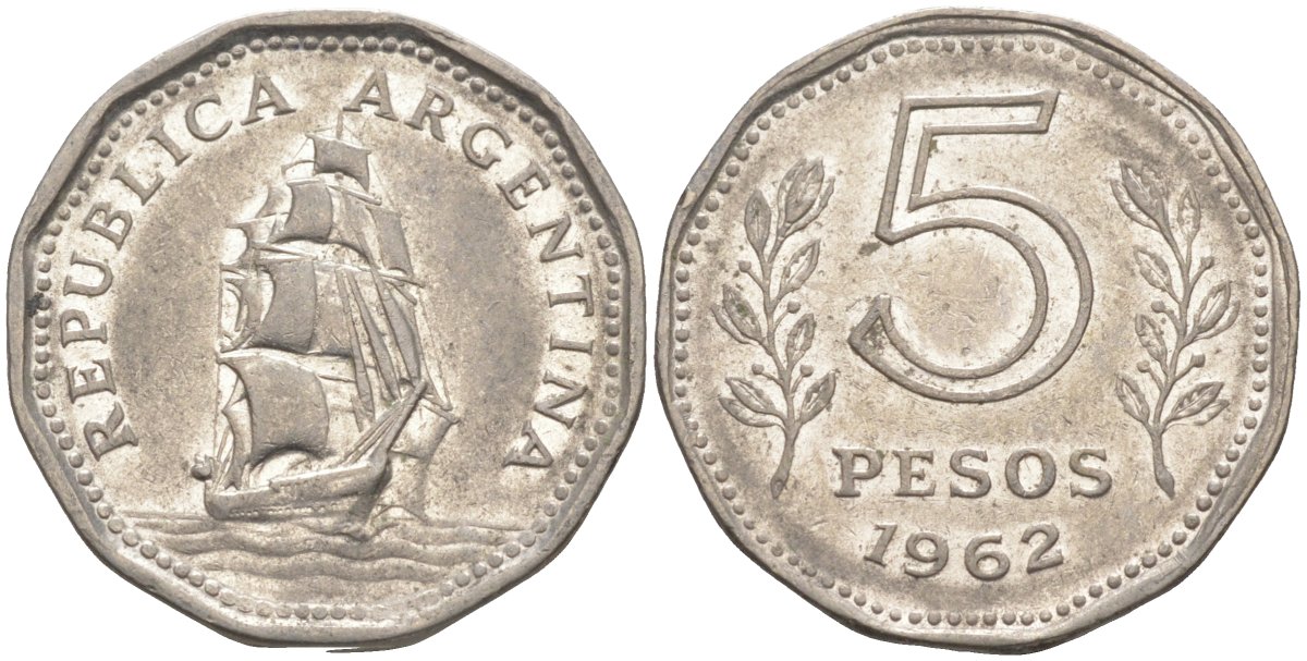 Аргентина 5 песо 1962 фрегат "Президент Сармьенто" KM 59 сталь плакированная никелем 219-1234
